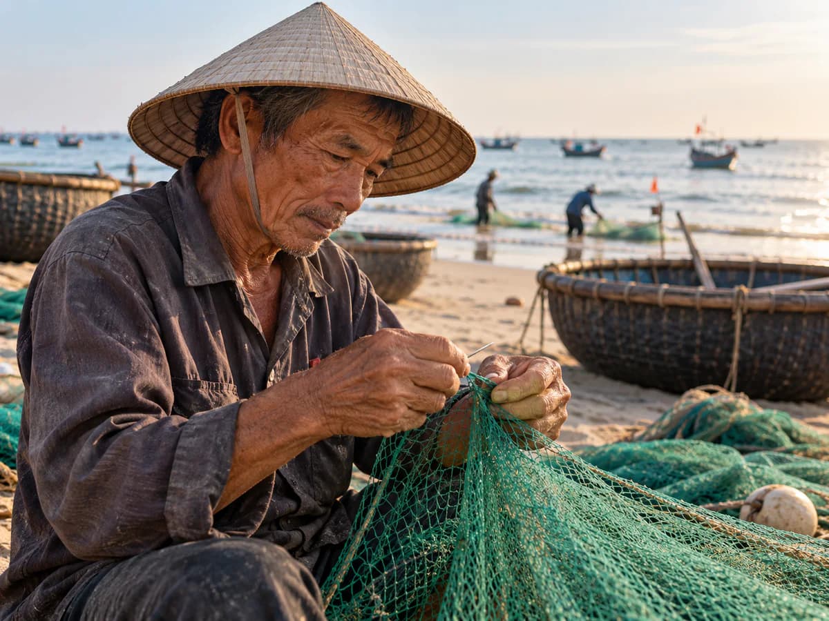 Ngư dân lớn tuổi đội nón lá ngồi vá lưới bên bờ biển